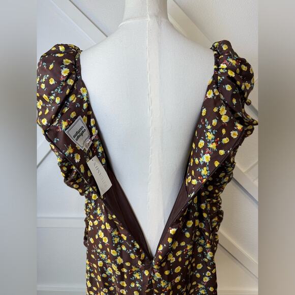 NWT AUTUMN ADEIGBO Bridgette 100% Silk Puff-Sleeve Mini Dress Brown Size 4 - Picture 7 of 16